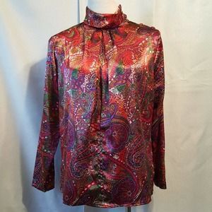 Distinction Vintage Women's Long Sleeve Paisley Bright Print Button Neck
